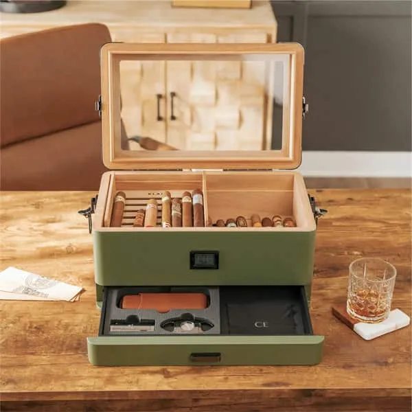 10. case elegance klaro military glass top humidor